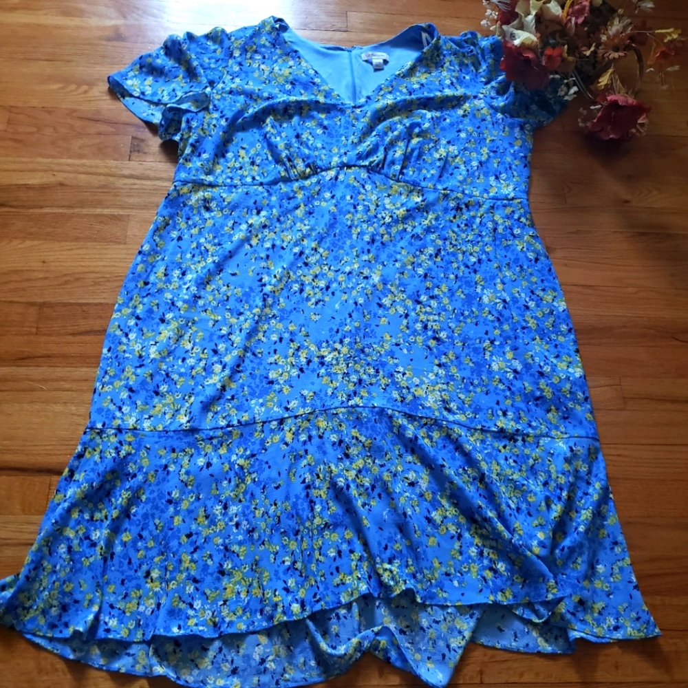 Liz Claiborne Floral Blue multicolor short sleeve V'Neck layered hem dress  24W